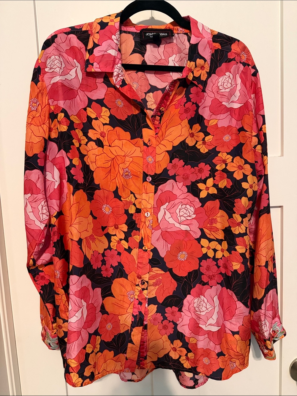 Johnny Was 100% Silk Pink & Orange Floral Button-Down Shirt